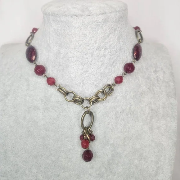 Retired Premier Designs “Caliente” Red Beaded Statement Necklace – Antique Gold - Picture 1 of 8